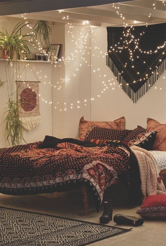 cute ideas boho bedroom inspo boho bedding and lights