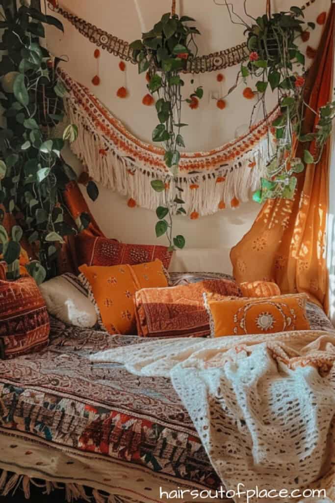 boho apartment decor 24 bright color pillows and boho bed with plants