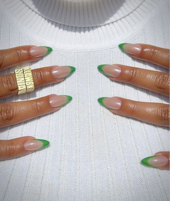 fun short french nails green pretty vibe