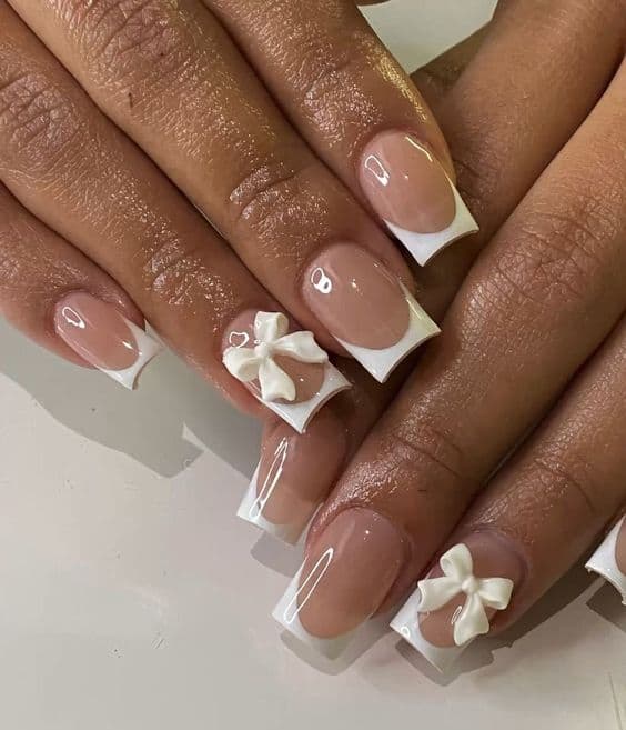 short bow french tip nails white square tips