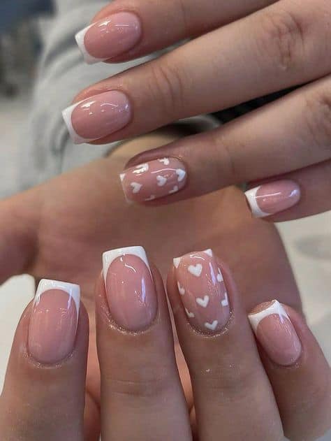short french nails with hearts
