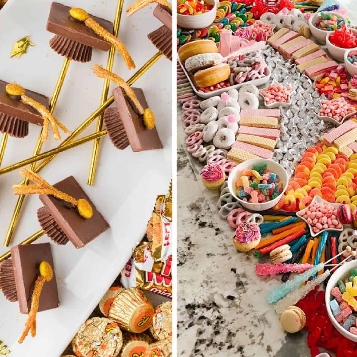 candy bar display ideas collage for a graduation candy table