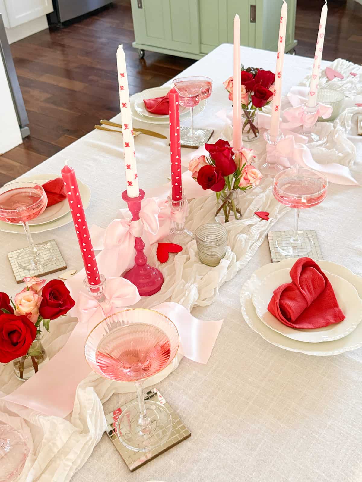 galentines party close up tablescape of place settings