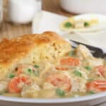 chicken pot pie in a slow cooker on a white plate