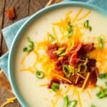 close up of loaded slow cooker baked potato soup recipe