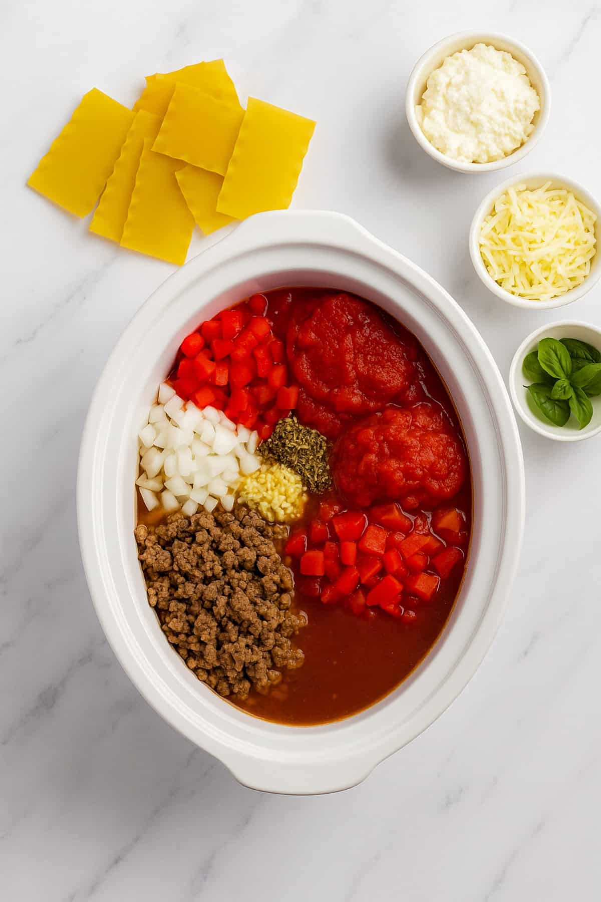 crock pot lasagne soup ingredients in a slow cooker