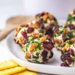 Cranberry and Pecan Mini Cheese Balls on a white plate with crackers to the side