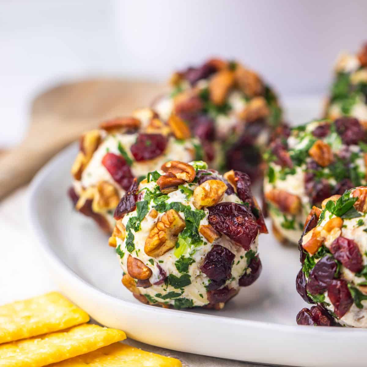 Cranberry and Pecan Mini Cheese Balls on a white plate with crackers to the side