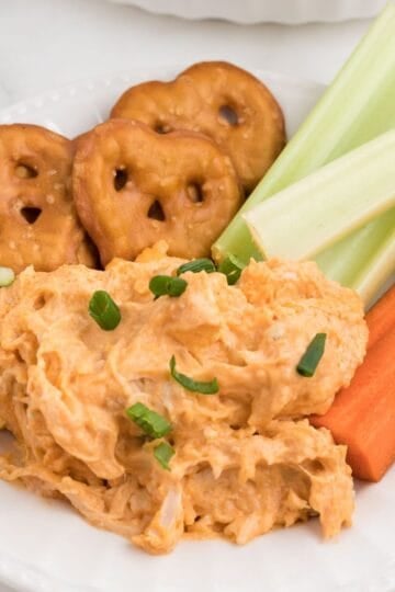 Crockpot Buffalo Chicken Dip on a white plate served with veggies and pretzels