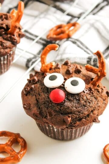 Double Chocolate Chip Muffins shaped decorated to look like Reindeer
