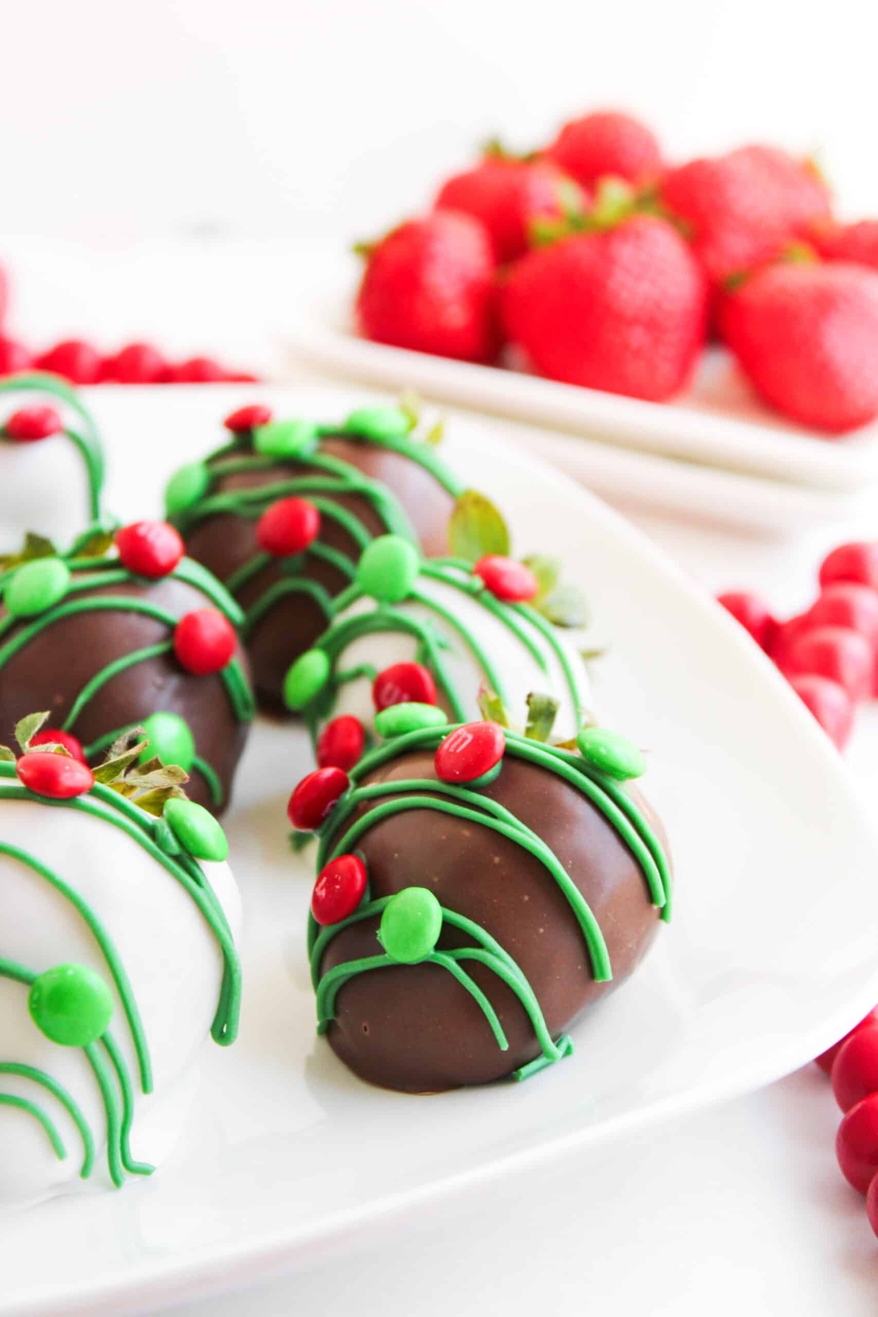 Chocolate Covered Strawberries decorated like Christmas lights.