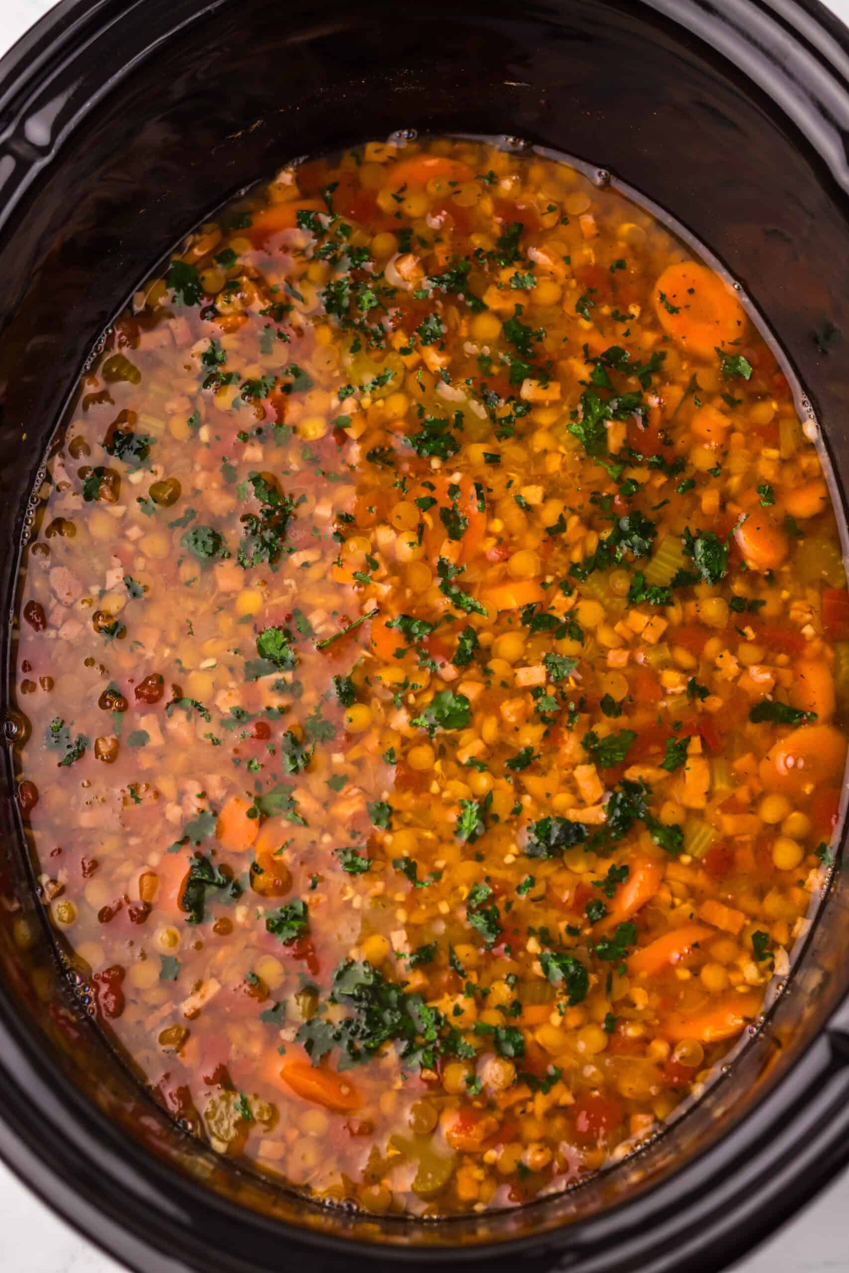 Slow Cooker Lentil and Ham Soup in the crockpot
