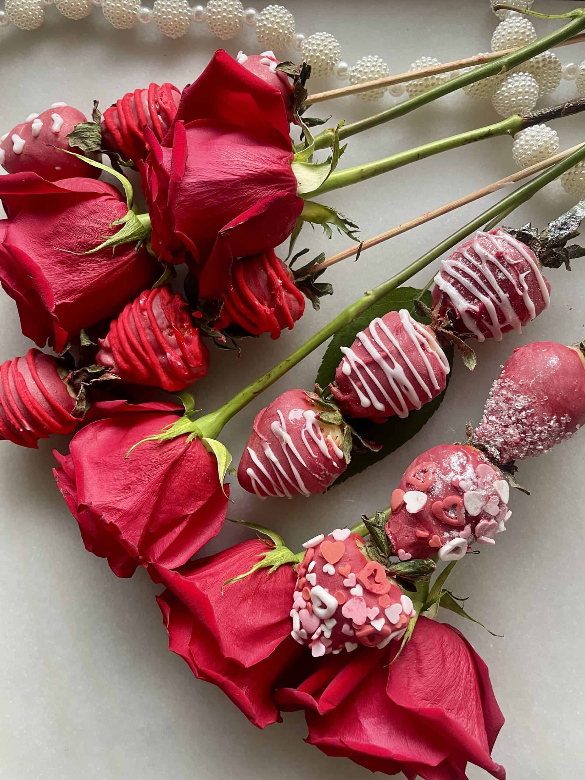 chocolate covered strawberry bouquet spread out with roaes