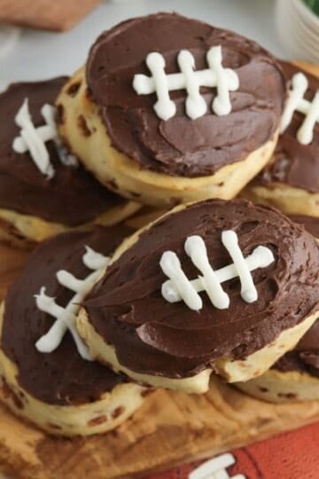 Cinnamon rolls shaped and decorated to look like footballs.