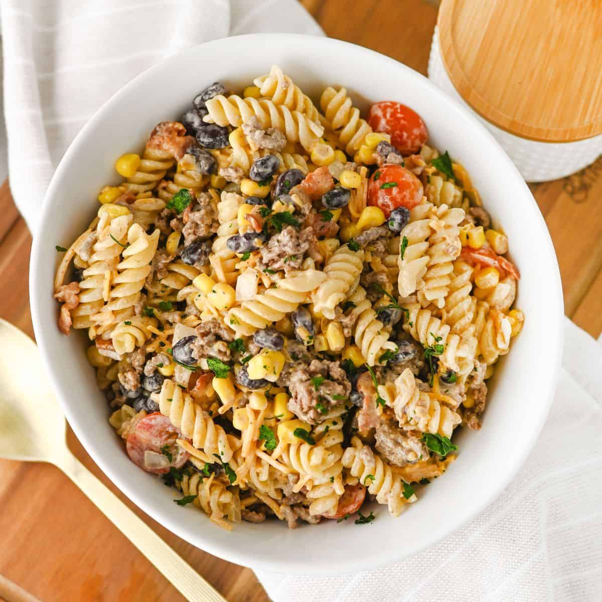 Cowboy Pasta Salad with Ground Beef