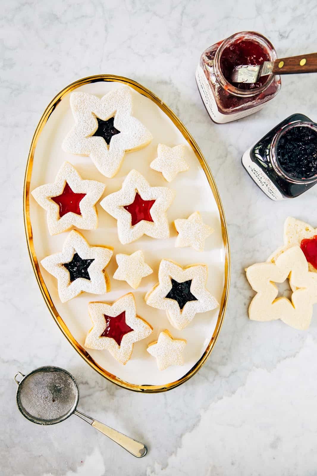 red, white, and blue linzer cookies