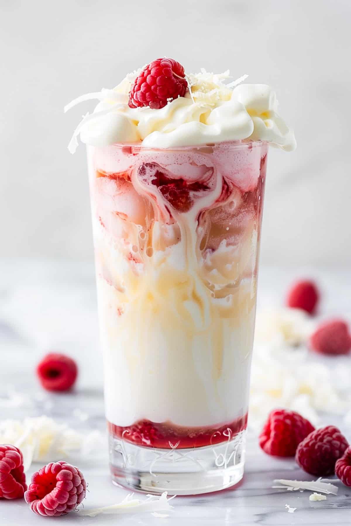 white chocolate cream with raspberries dirty soda on a white board