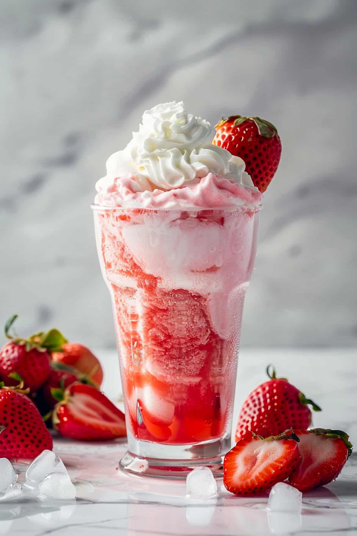strawberry cream dirty soda with sprite garnished with fresh strawberries