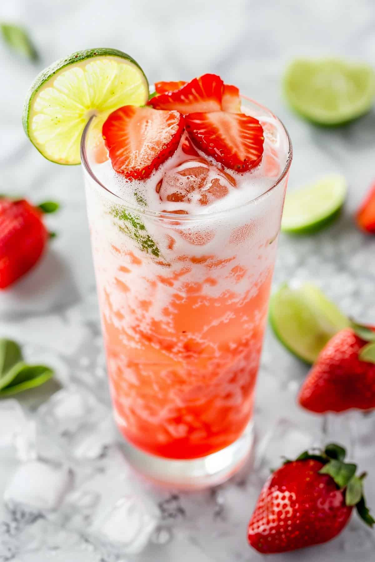 strawberry lime dirty soda with sprite garnished with lime wedges and strawberry slices