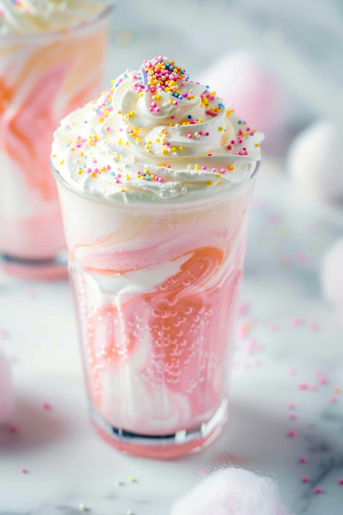 cotton candy dirty soda with sprite on a white background sprinkled with cotton candy