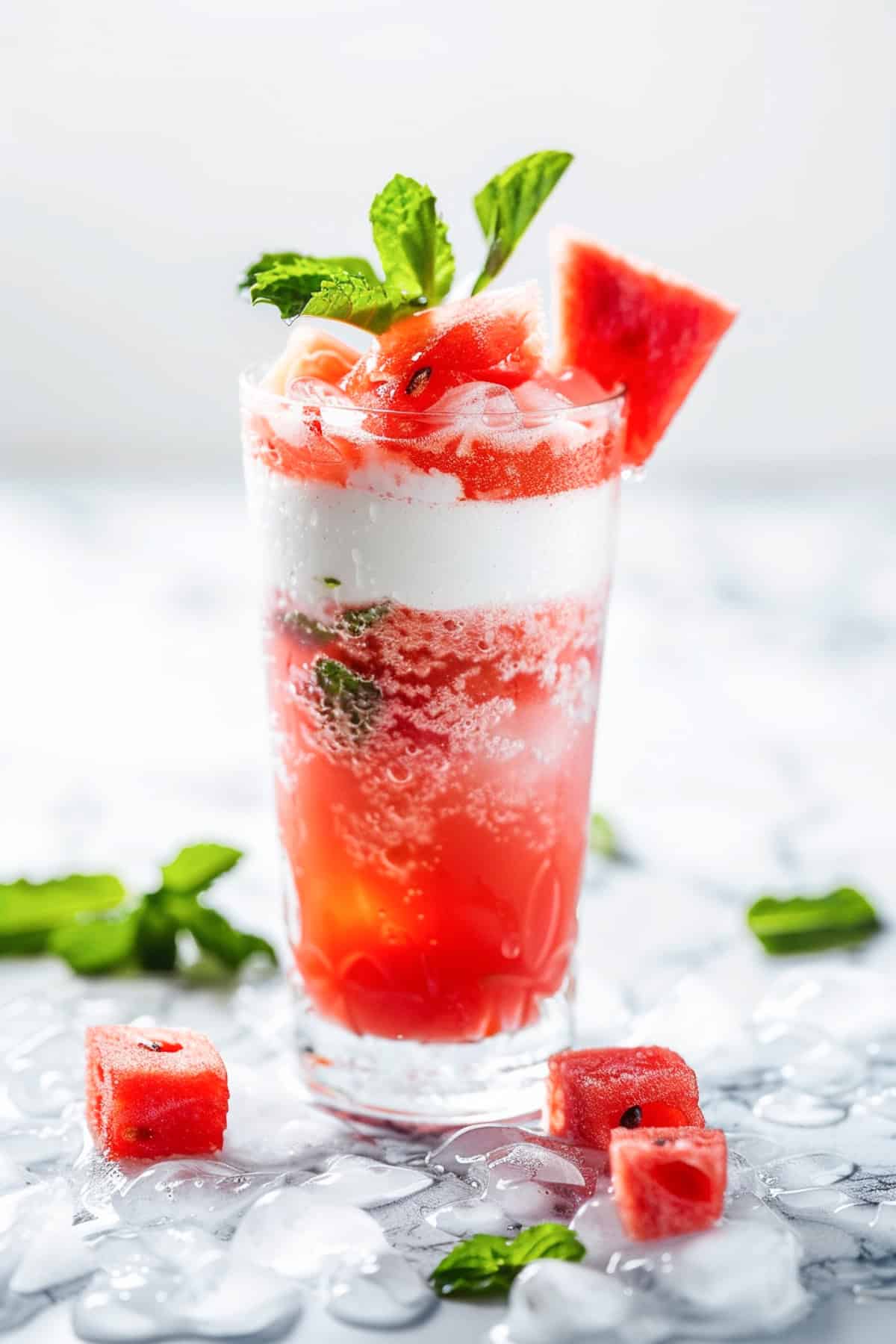 watermelon dirty soda with sprite and cream garnished with watermelon cubes and mint