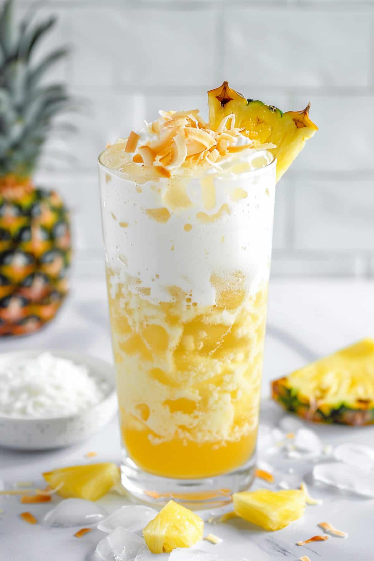 pineapple coconut dirty soda with sprite garnished with pineapple chunks and coconut