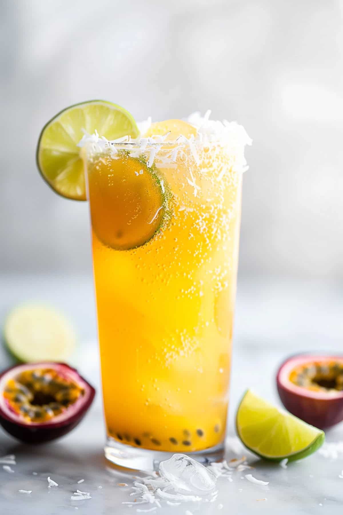 passionfruit dirty soda with sprite in tropical flavors with lime