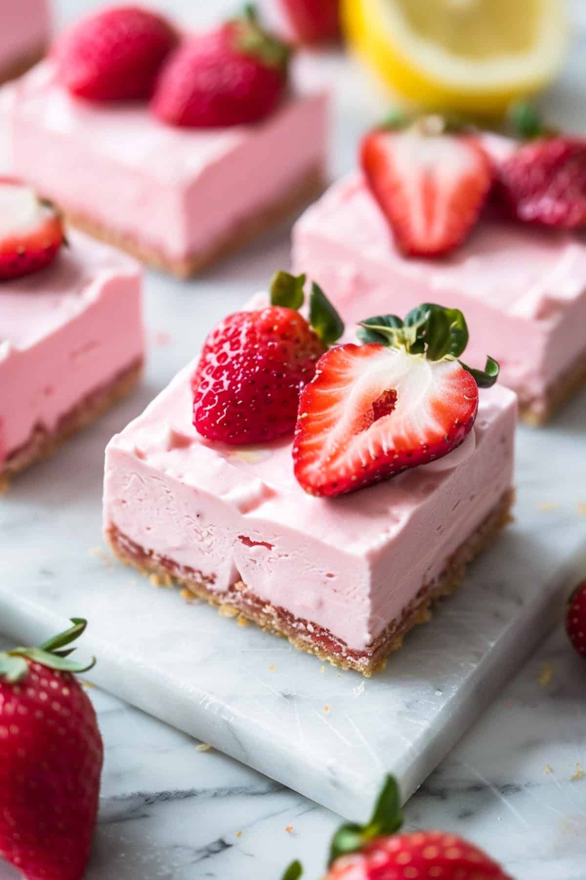 no bake strawberry lemonade barks cut into slices on a white countertop