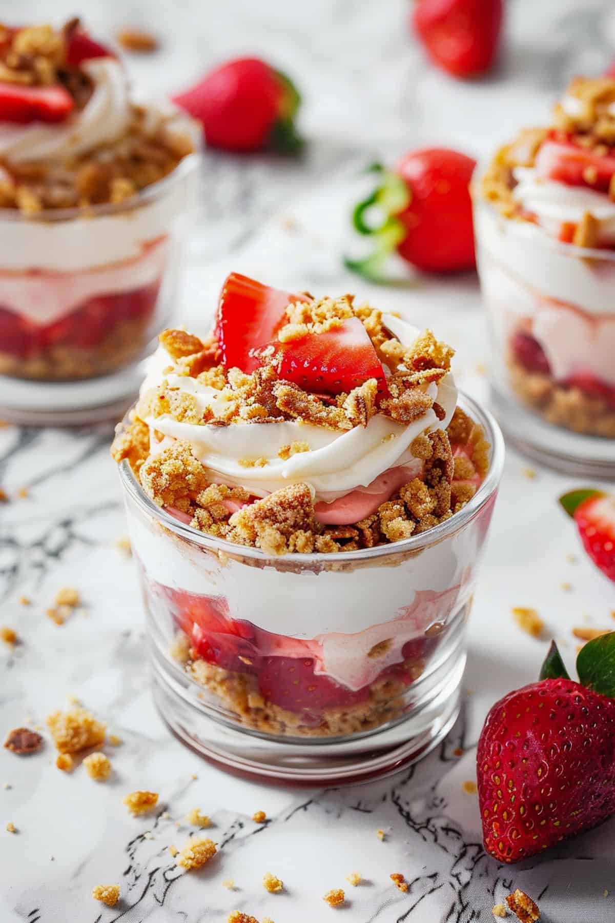 strawberry crunch cups with crushed Oreos and freeze dried strawberries