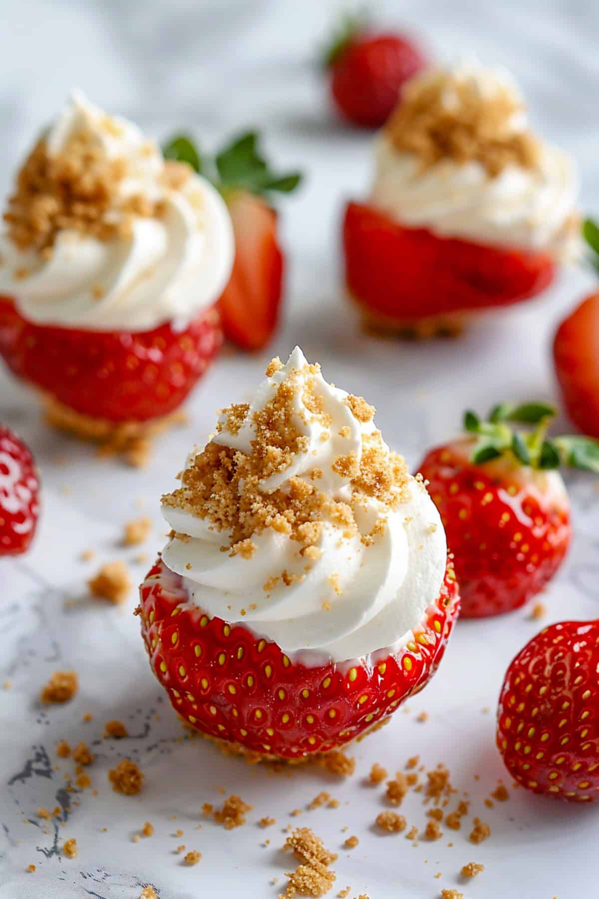 no bake cheesecake stuffed strawberries sprinkled with graham cracker crumb pieces