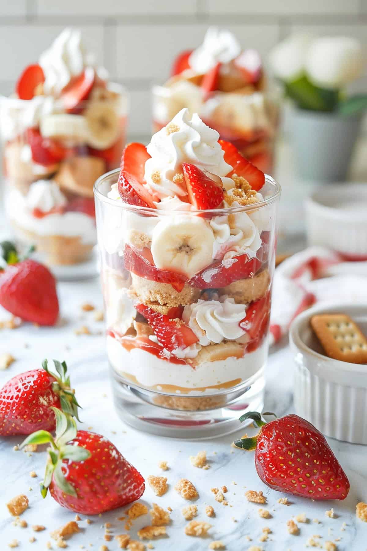 strawberry banana pudding cups in clear glass dishes