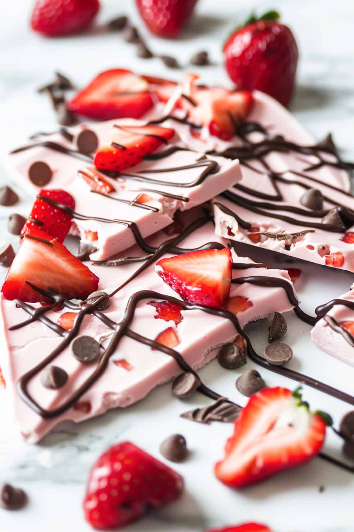 strawberry chocolate frozen yogurt bark broken into pieces and drizzled with chocolate