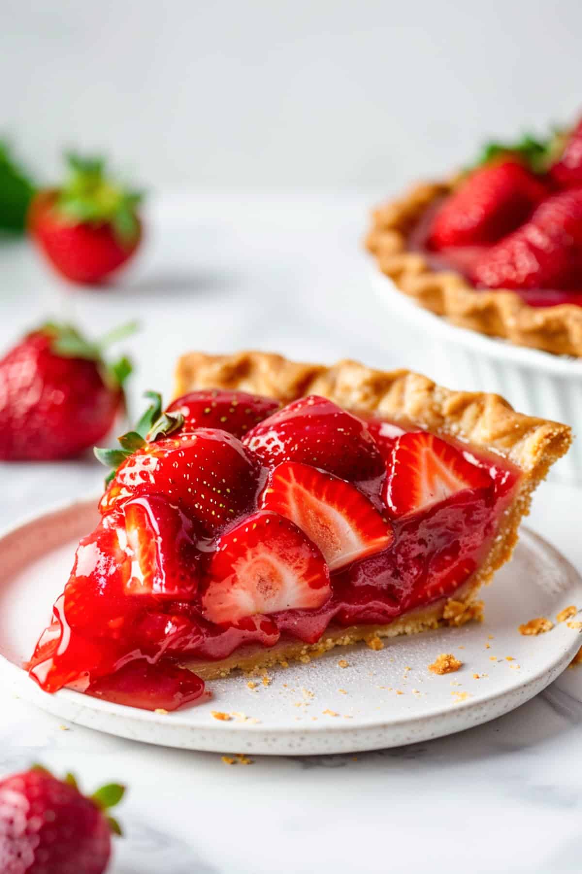 no bake strawberry pie slice on a white plate
