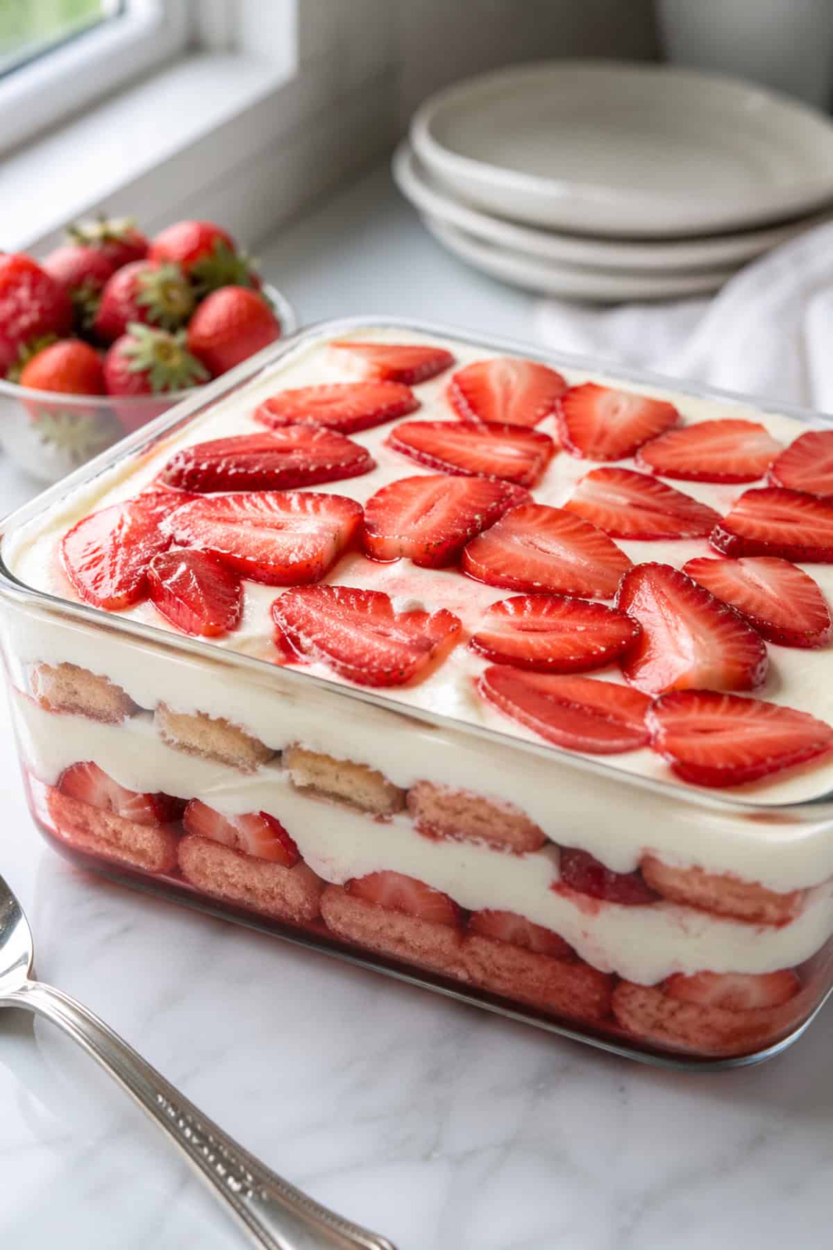 3 ingredient lazy girl strawberry cake layered with whipped cream and cookies