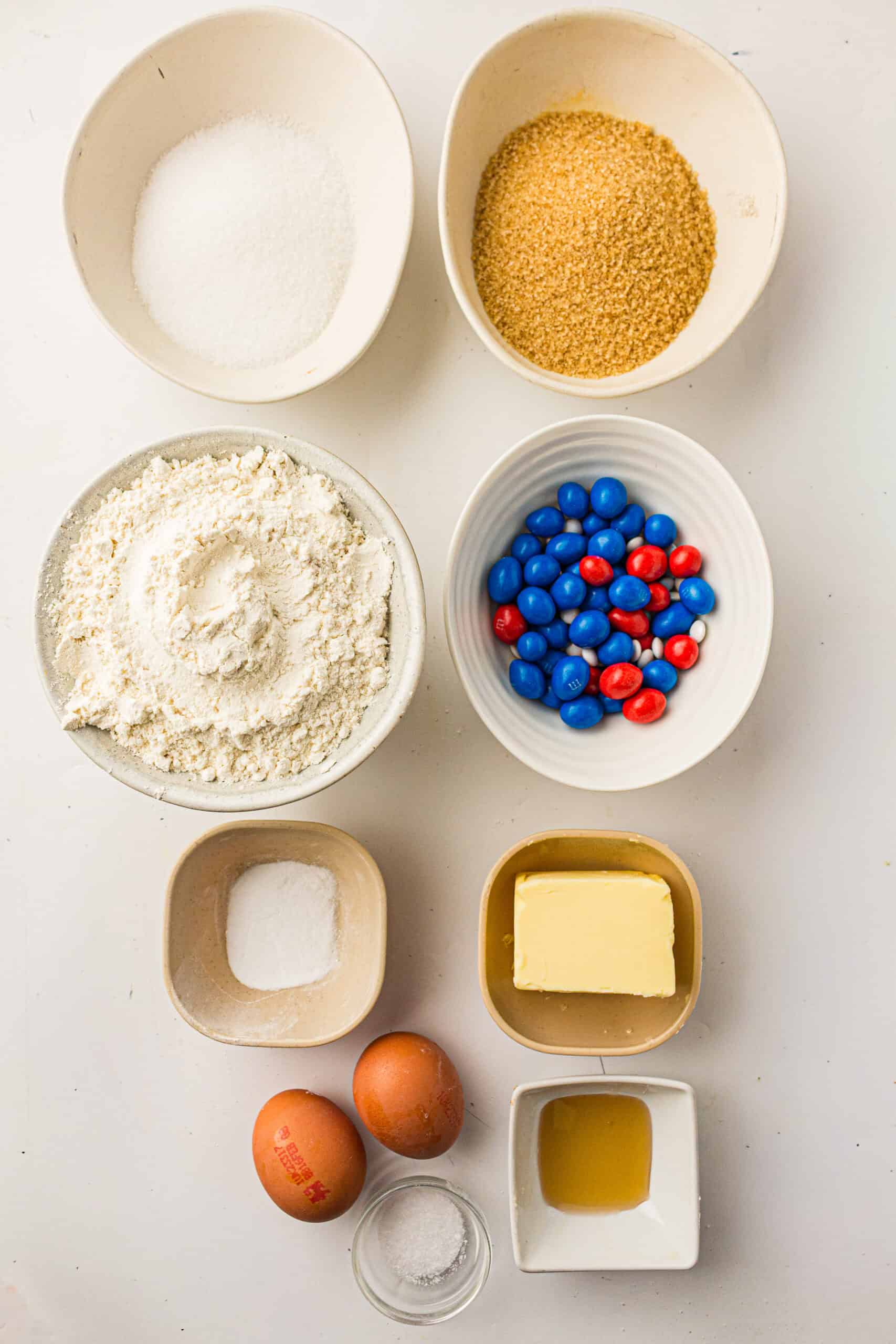 Image of ingredients needed for red white and blue cookies.