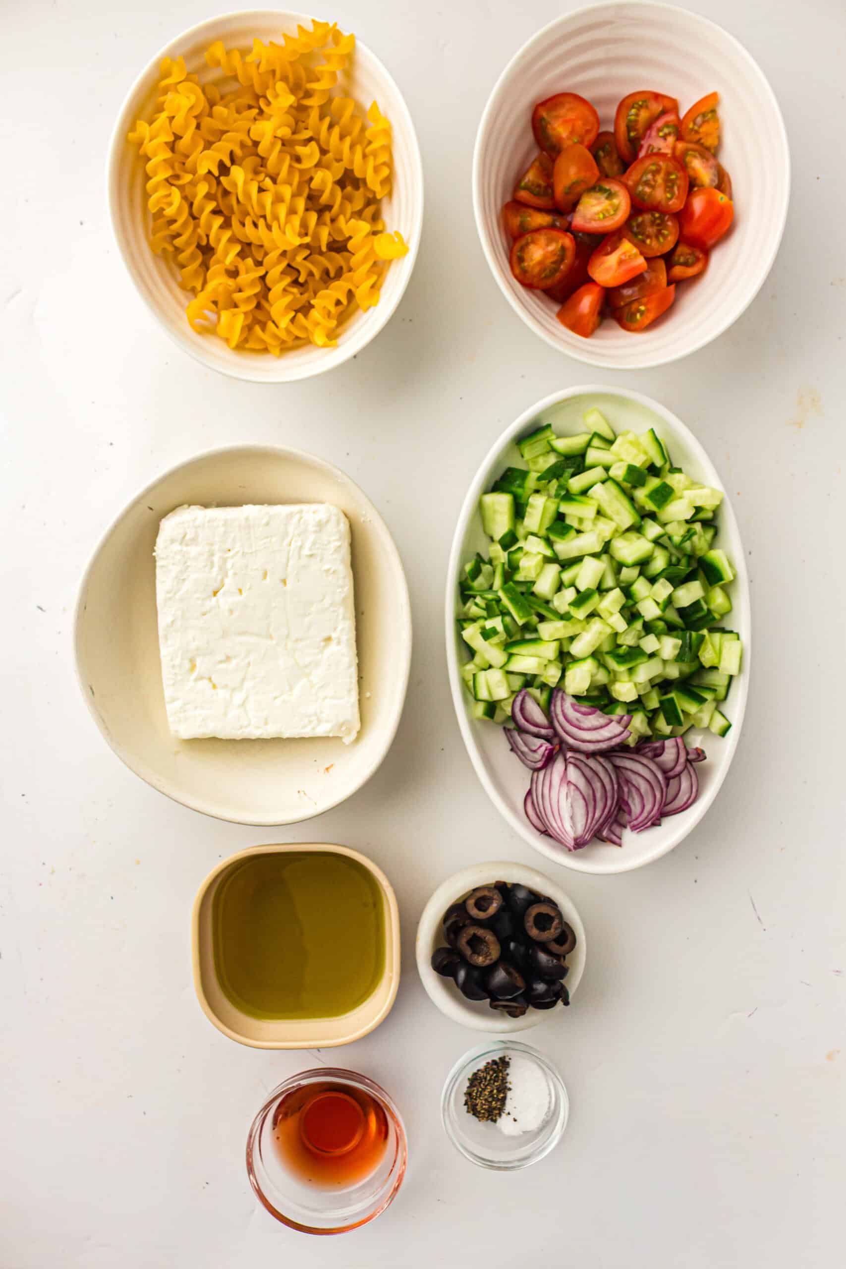 Ingredients needed for Greek pasta salad