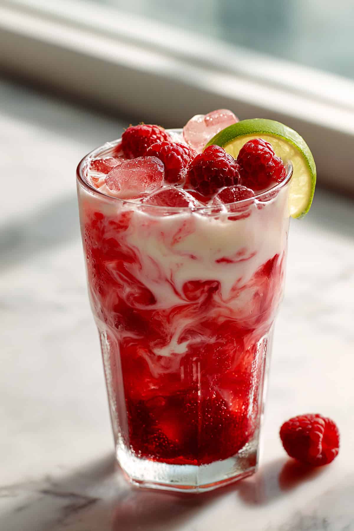 raspberry lime dirty soda with dr pepper next to a window garnished with lime slices and fresh raspberries
