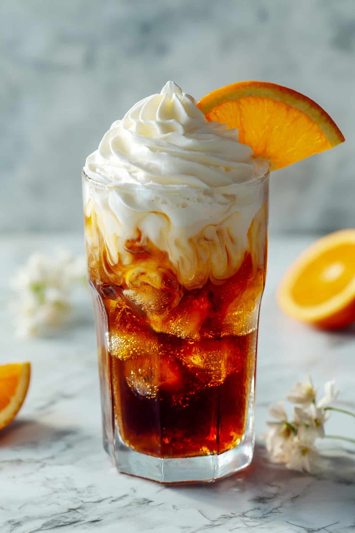 orange dirty soda with dr pepper garnished with whipped cream and orange slices