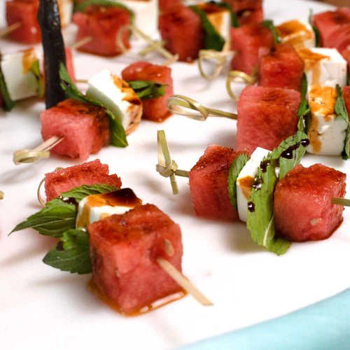 Easy Watermelon Feta Skewers with Fresh Mint and Balsamic Glaze
