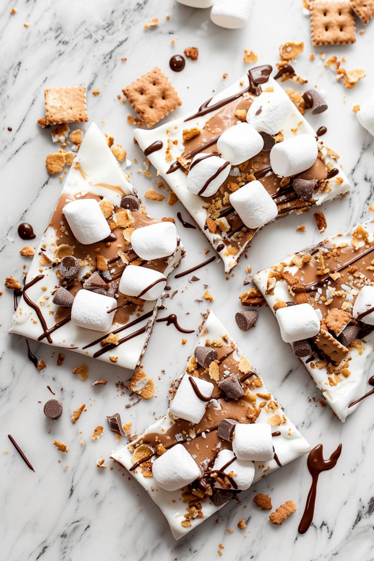 smores Greek frozen yogurt bark recipe on a cutting board drizzled with chocolate and chopped graham crackers