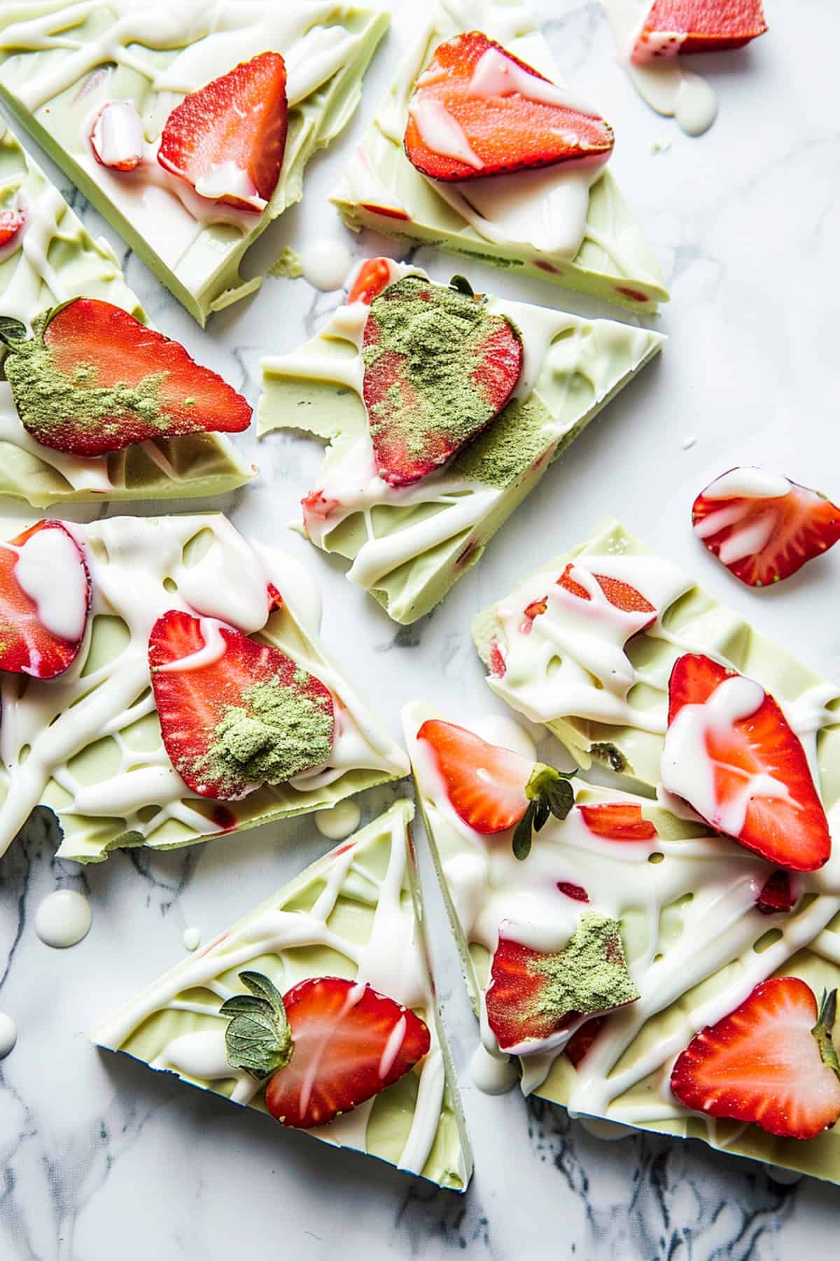 strawberry matcha frozen yogurt bark drizzled with white chocolate