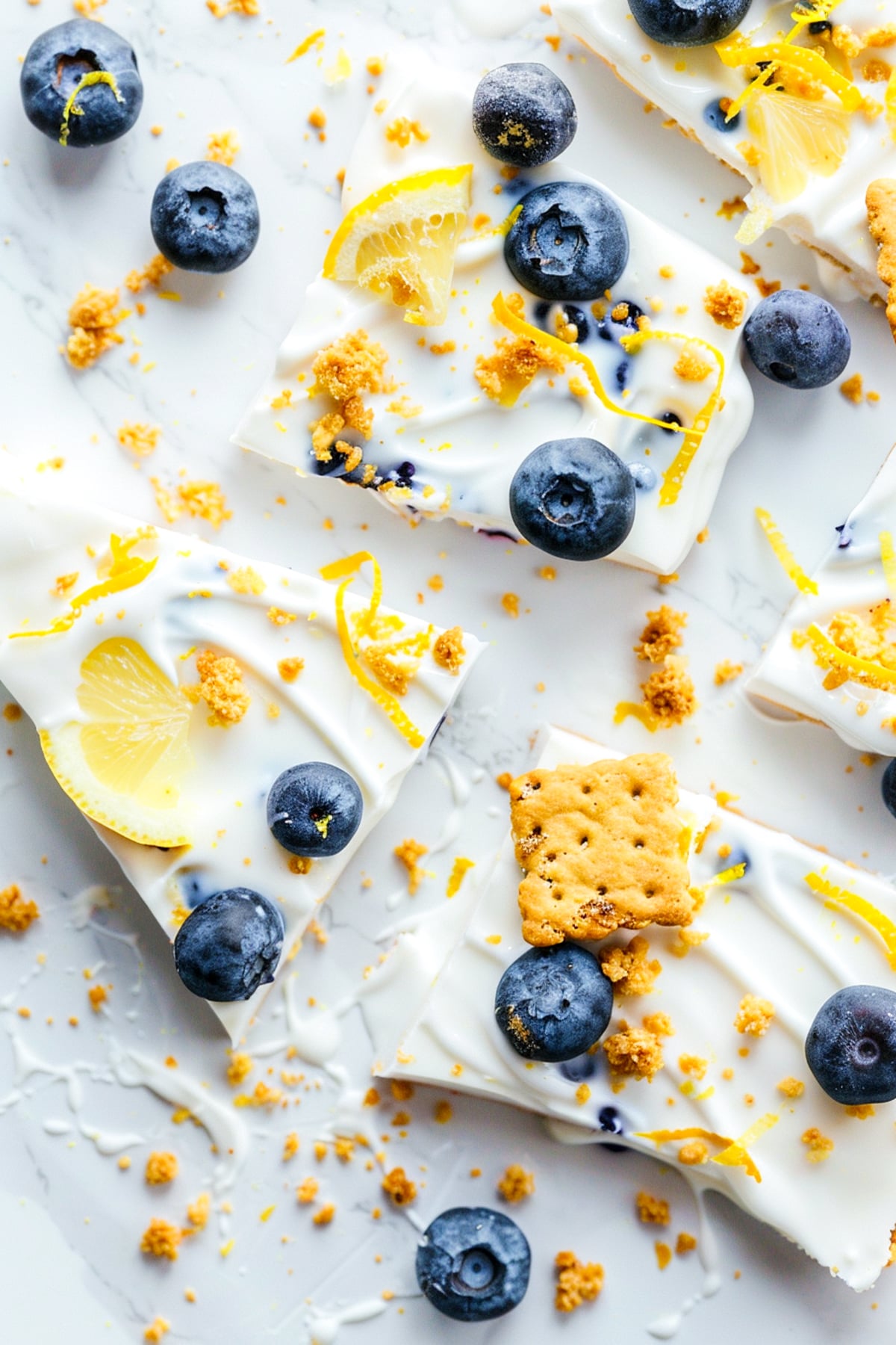 blueberry cheesecake frozen yogurt bark broken into pieces on a cutting board, garnished with berries