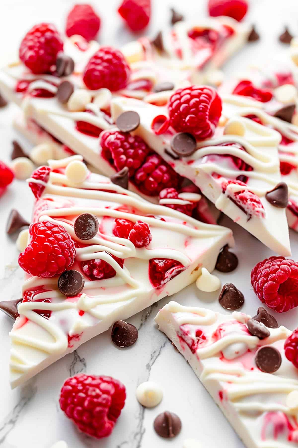 raspberry white chocolate frozen yogurt bark broken into pieces on a cutting board