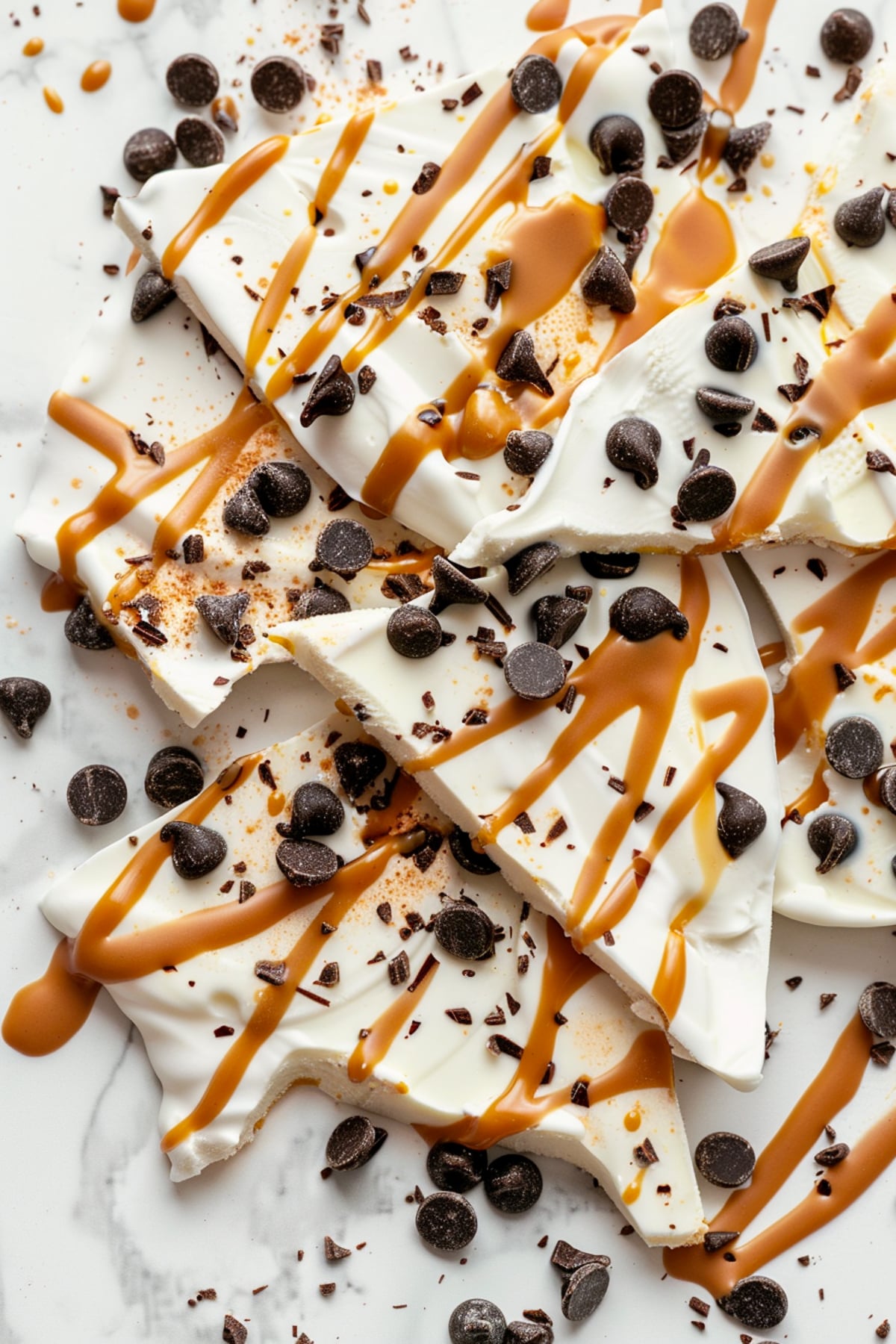 chocolate caramel Greek frozen yogurt bark broken into pieces and stacked on a marble cutting board