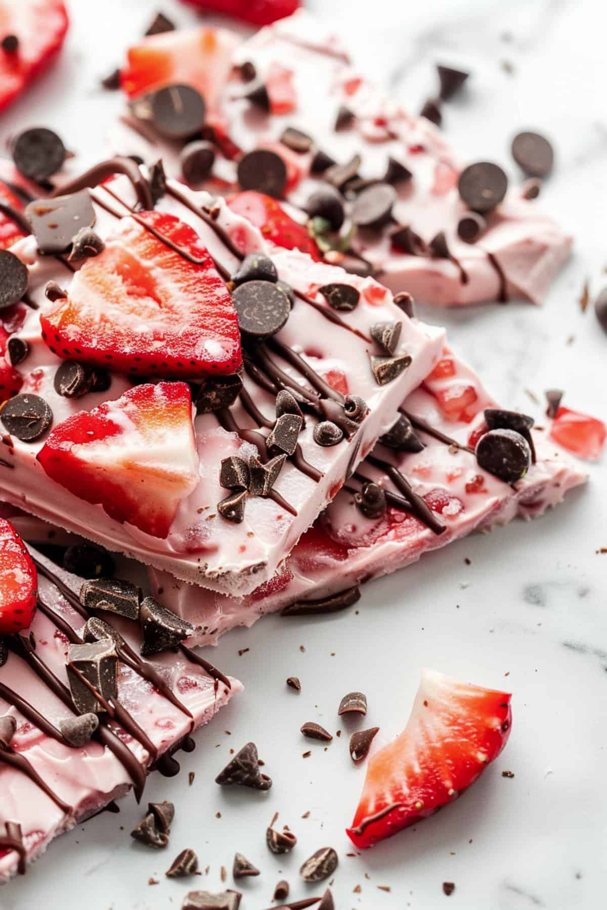 strawberry frozen yogurt bark with chocolate chips and chocolate drizzle