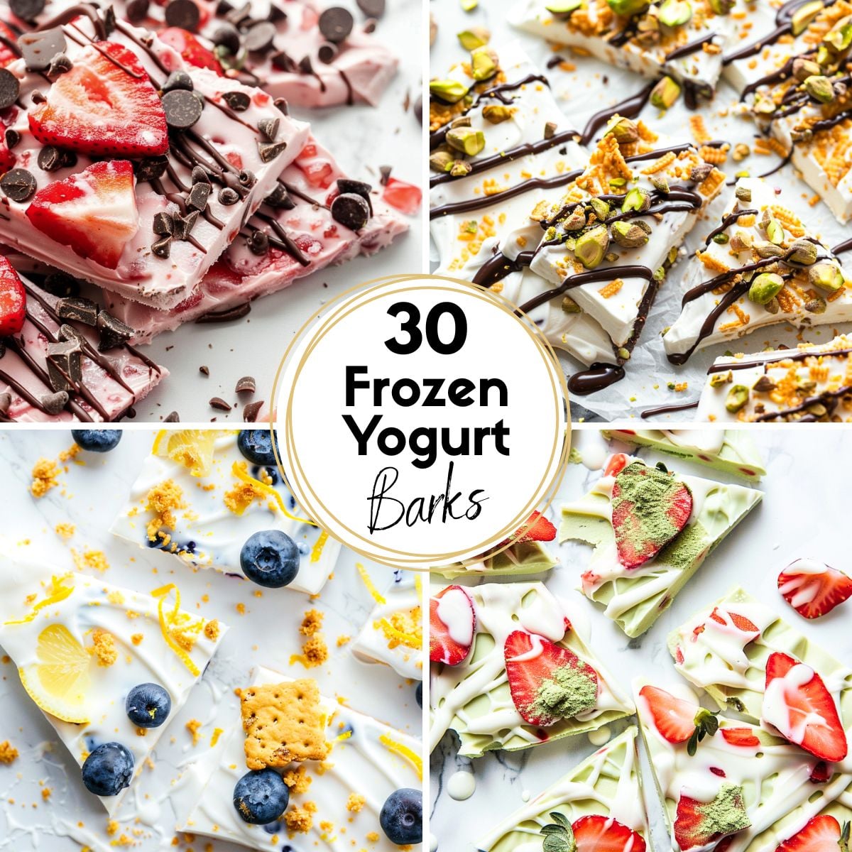 collage of greek frozen yogurt bark recipes 