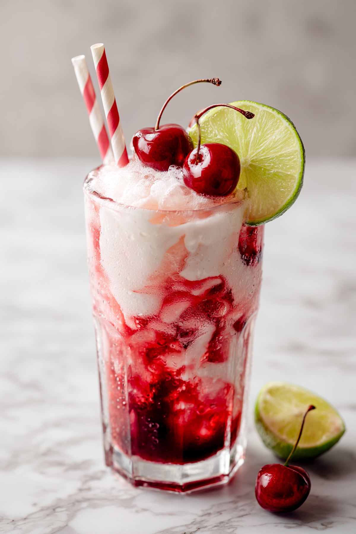 shirley temple dirty soda with sprite with a lime garnish