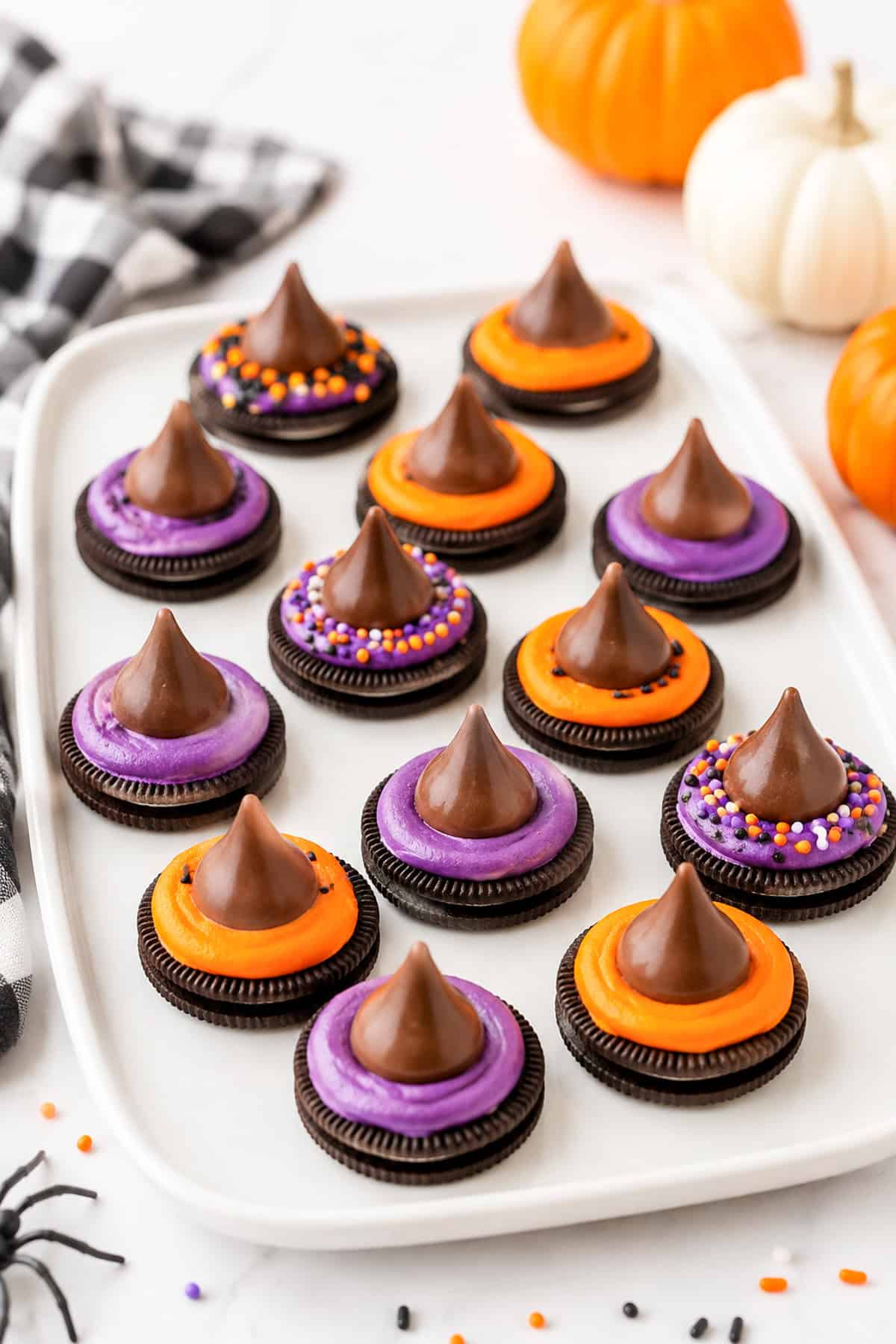 witch hat cookies made with Hersheys kisses and Oreos