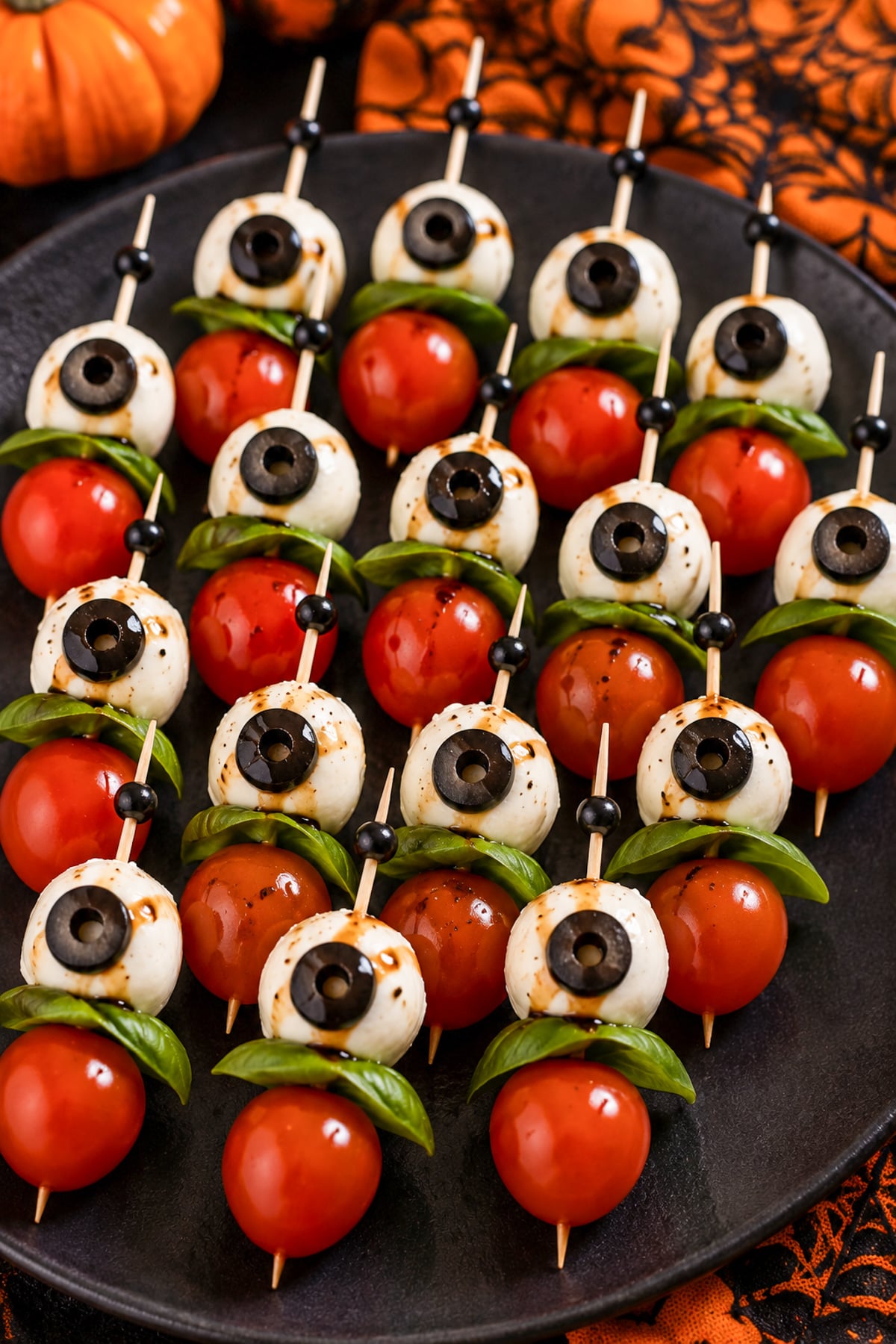 eyeball caprese bites with olives for halloween