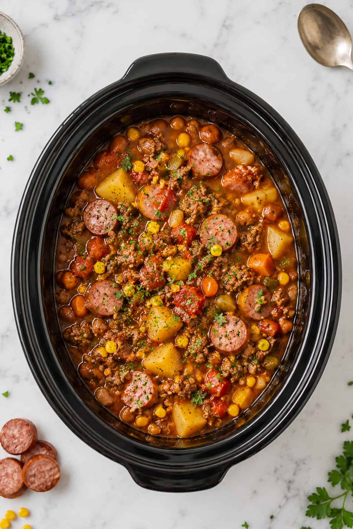 crock pot cowboy stew with ground beef and kielbasa
